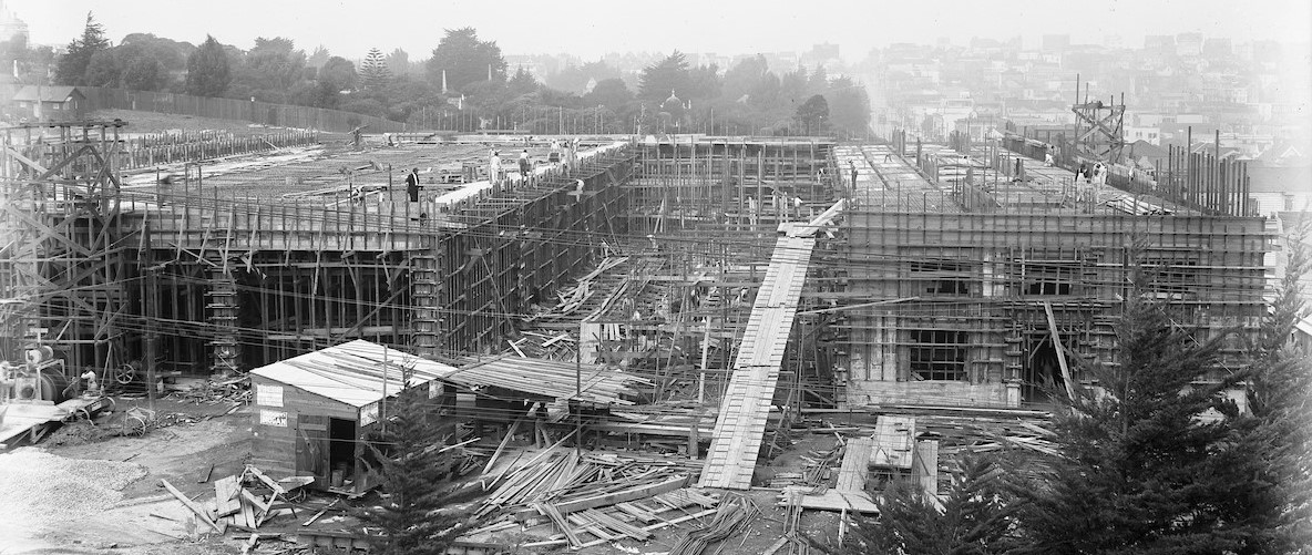 In-progress construction of Muni’s headquarters in October 1912, two months prior to the opening of the city’s publicly owned streetcar line in December. This photo was taken from Calvary Cemetery, the present-day location of a shopping center.