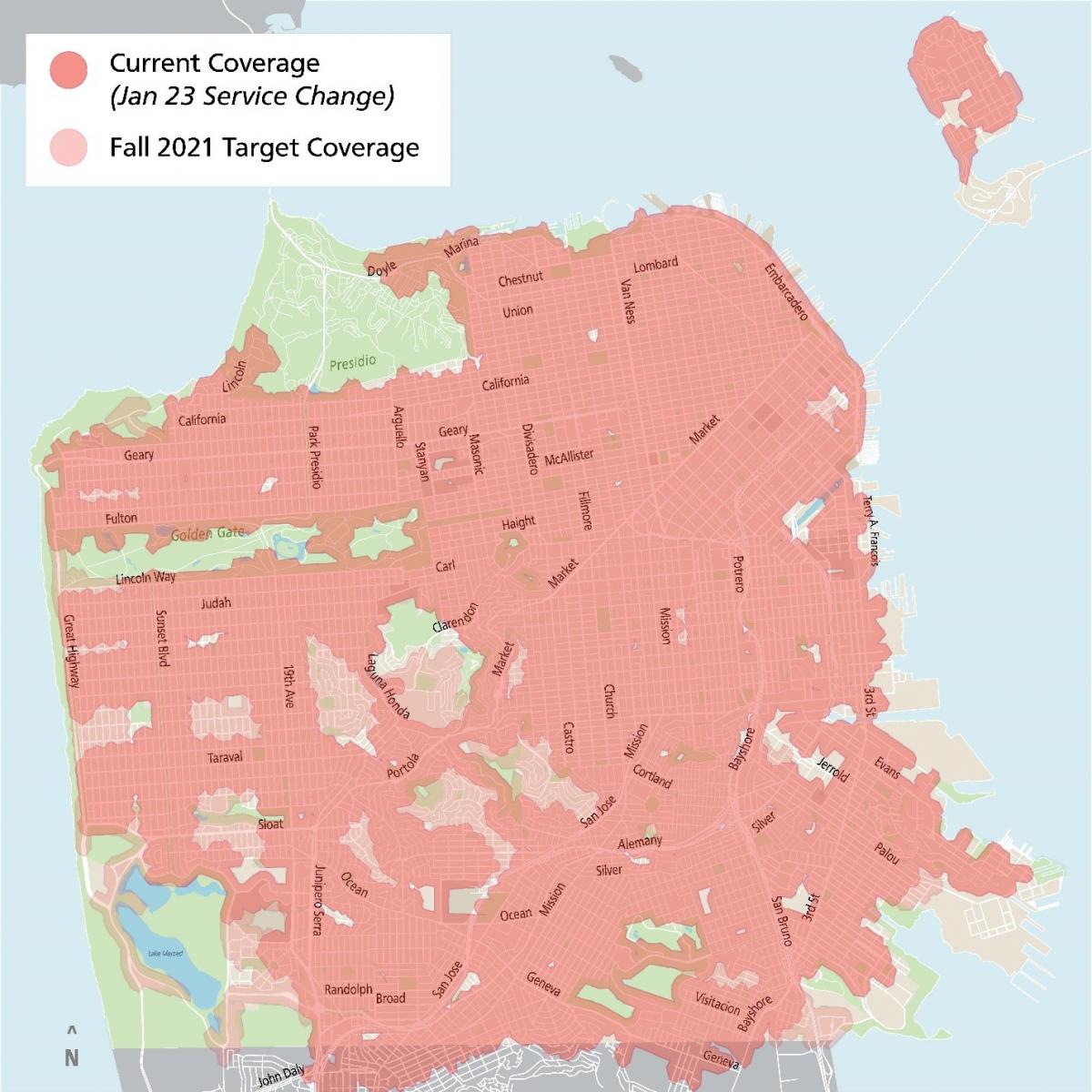 Map showing 98% of San Francisco shaded in where there is service within 2-3 blocks