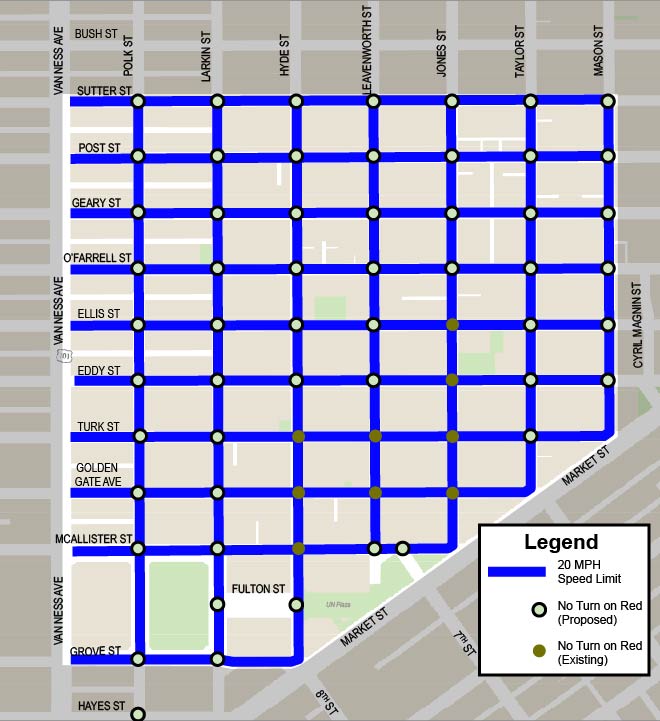 Map showing speed limit reduction to 20mph neighborhood-wide between: Grove Street (south), Sutter Street (north), Mason Street (east), and Van Ness (West). Showing no turn on red regulations neighborhood-wide inclusive of Grove Street (south), Sutter Street (north), Mason Street (east), and Polk Street (west)