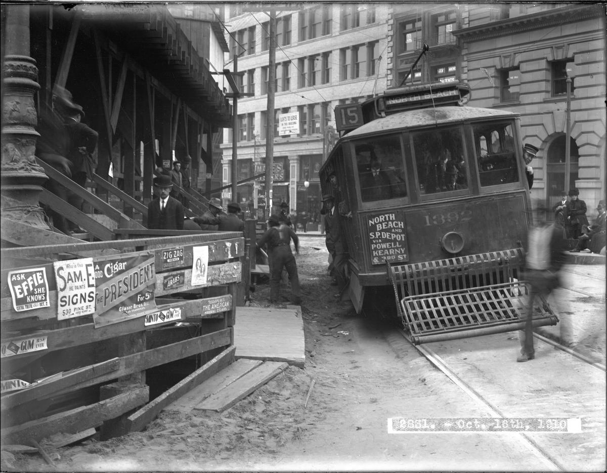 A 15 3rd & Kearny streetcar picks its way through a crowded downtown scene in this 1910 photo.