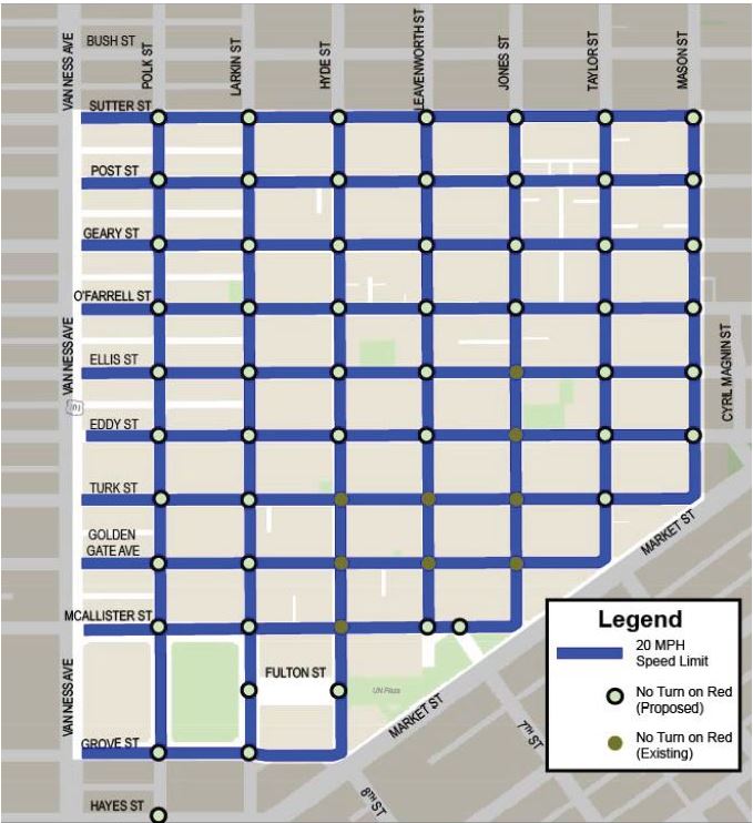 Map of 20 MPH and no turn on red locations