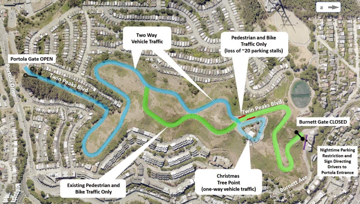 Map of Twin Peaks Boulevard with closures, blue line showing opening of Twin Peaks Blvd