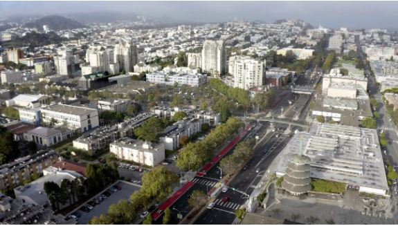 Photo:  Aerial view of Geary Boulevard from Buchanan Street looking westwards.  