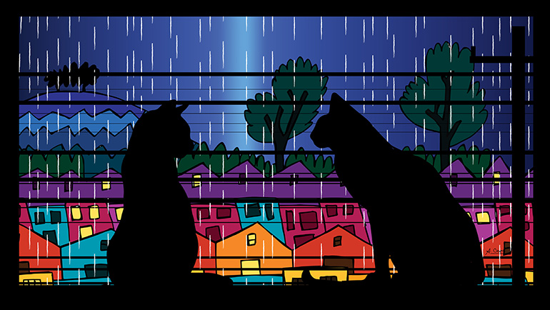 In the foreground is silhouettes of two cats. Through the window we see phone lines on a pole and behind that, rain, rows of brightly-colored houses, then trees, then a dark blue sky. To the left behind the trees is an unknown blue object shaped like a rippling hamburger. 