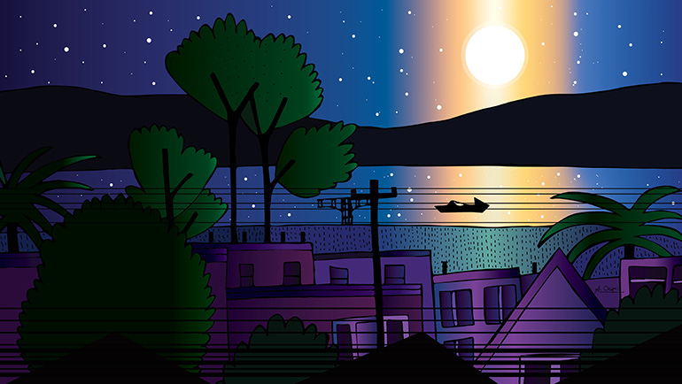 Houses, trees, and electric wires with the bay and the Marin Headlands behind under a night sky with the stars and moonlight reflecting off the bay. The moon is stylized to light up the sky around it in yellowish orange.