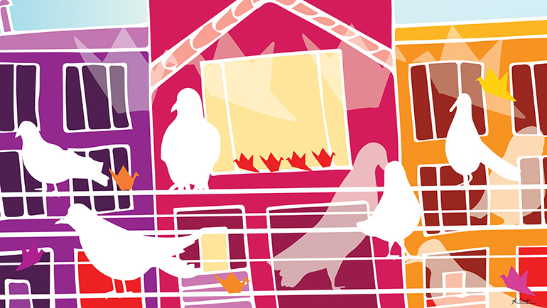 Posterized image of white and translucent doves on phone lines and purple, orange, red and translucent origami cranes in front of a purple, a red and an orange buildings and lined up in a window of the red building
