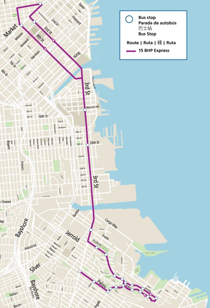Map of new 15 Bayview Hunters Point Express route, the purple line from Bayview to Downtown shows the new route making stops east of 3rd Street before heading inbound via 3rd Street and on 4th Street in the outbound direction.  