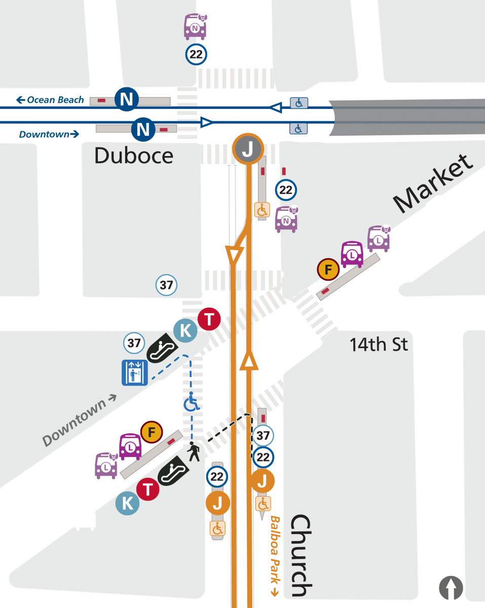 Map of J Church terminal at Duboce with transfer points