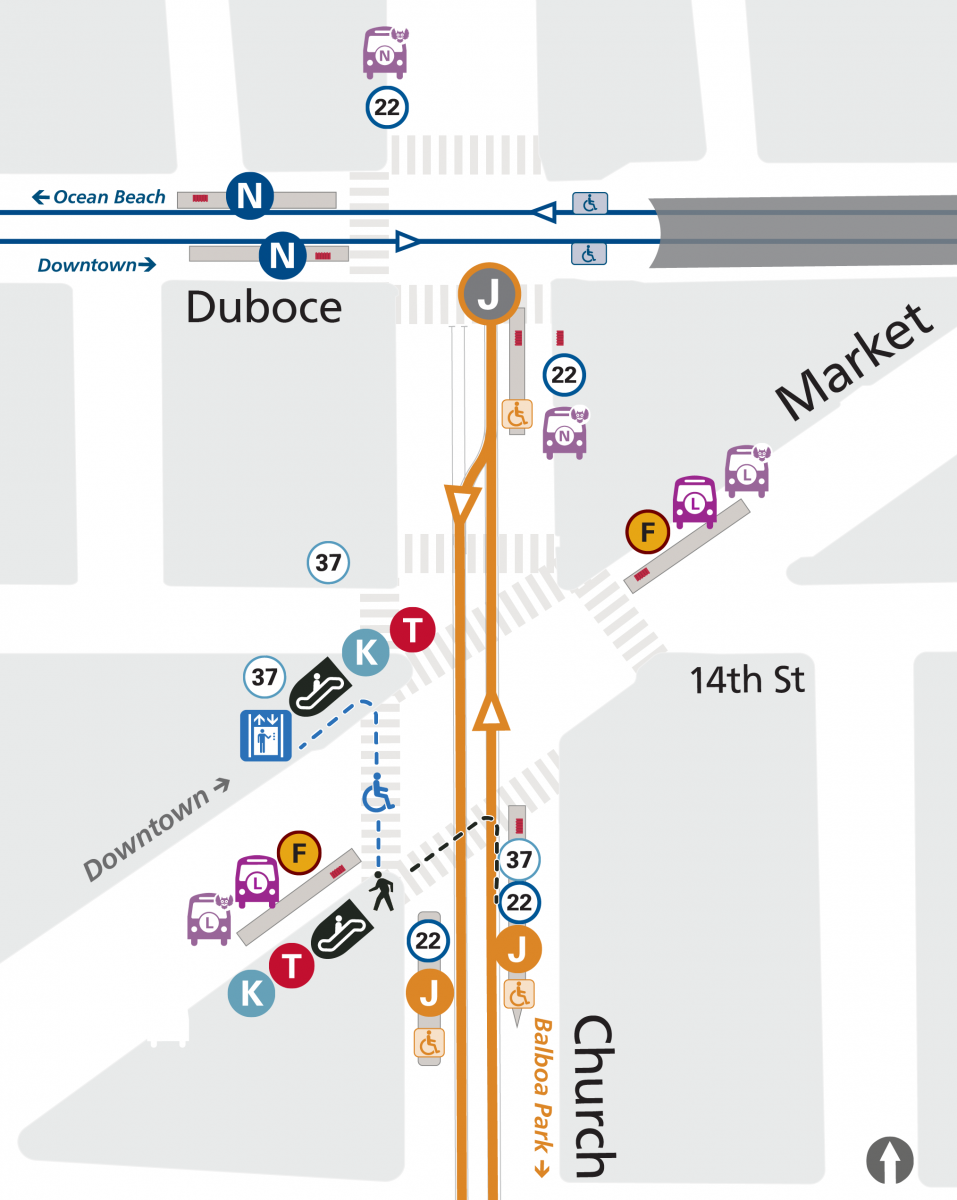 Map of stop changes for the F Market & Wharves, J Church, KT Ingleside/Third, L Bus, N Judah, 22 Fillmore, 37 Corbett, and N Owl near Church & Market