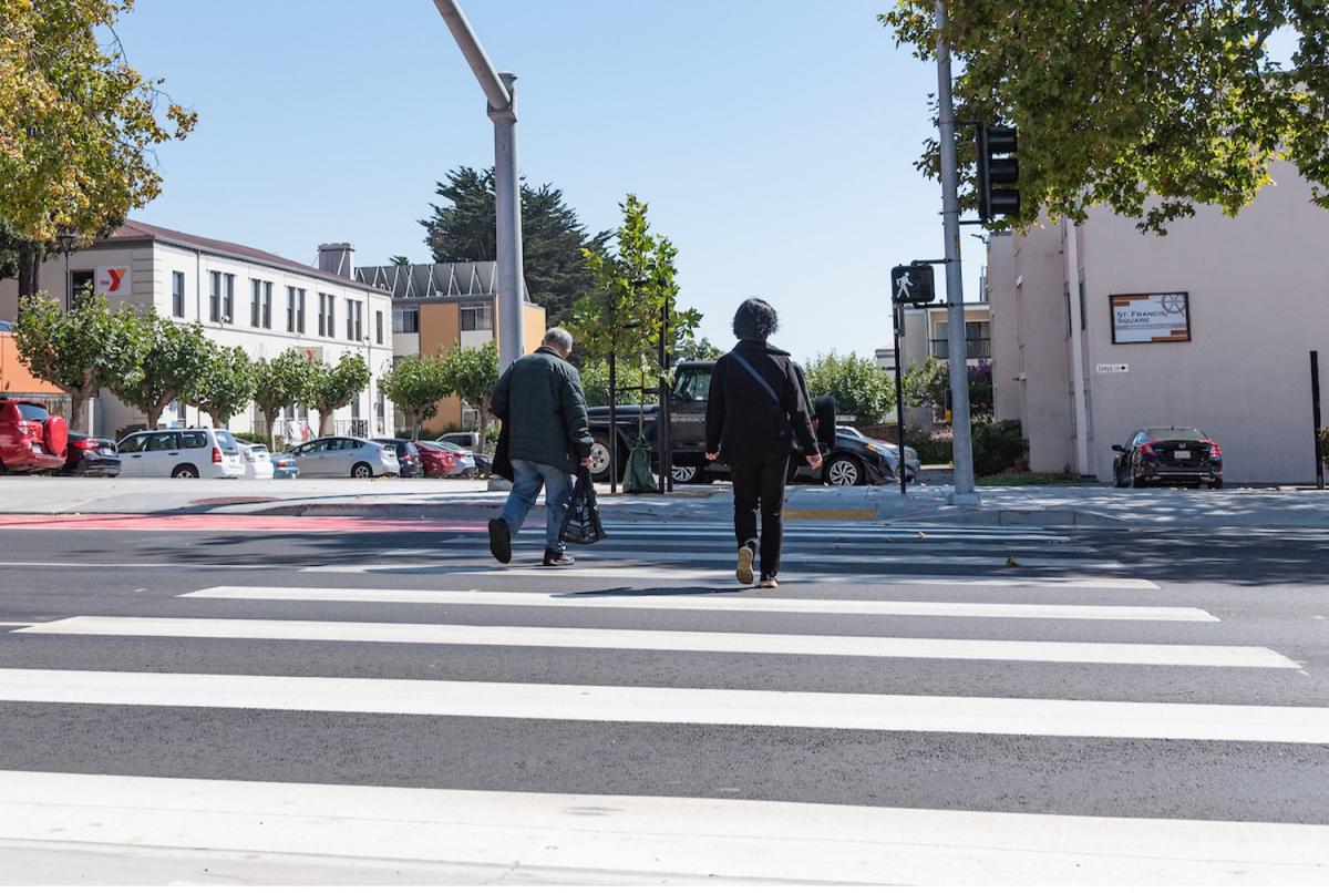 pedestrians using a continental crosswalk