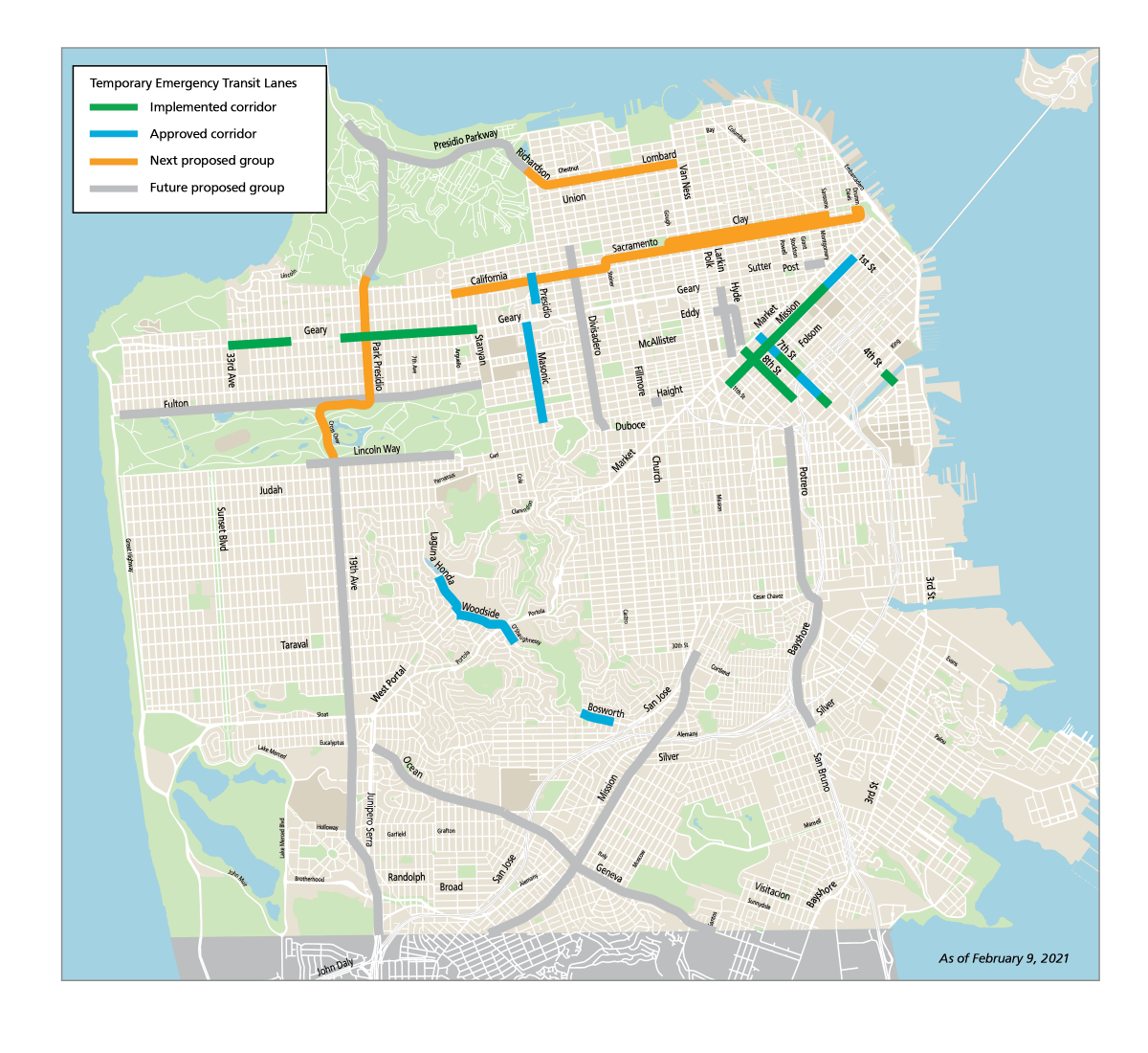 map of corridors where temporary emergency transit lanes are proposed or implemented