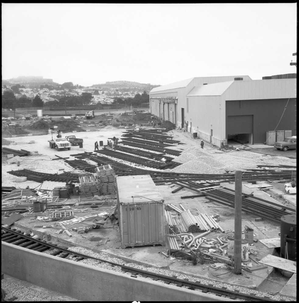 Aerial photo of construction on the rail yard where Elkton Shops once stood from August 1977 