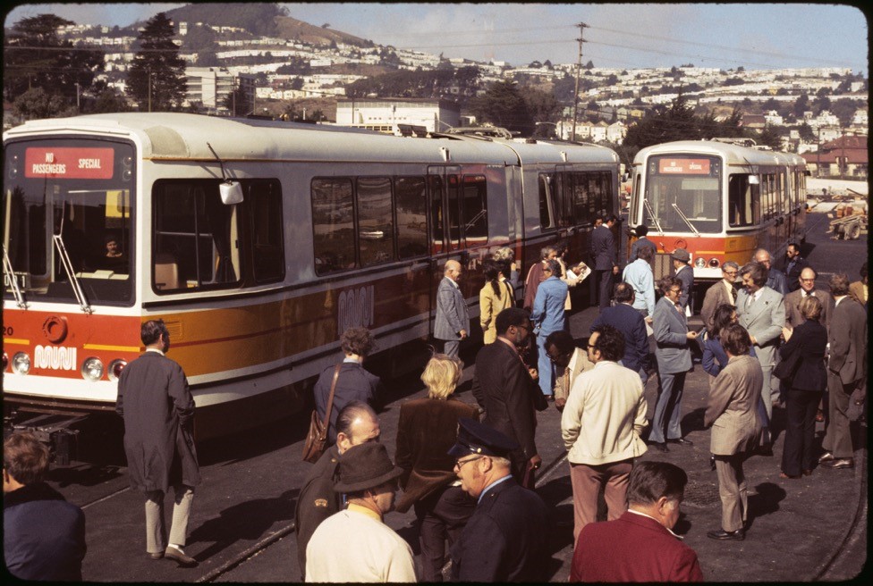 This October 24, 1977 photo shows Muni’s first two LRVs on display after arrival from the factory.