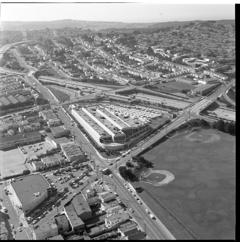 1979 aerial shot looking southwest near San Jose and Ocean Avenues shows a newly completed Muni Metro Center and surrounding area