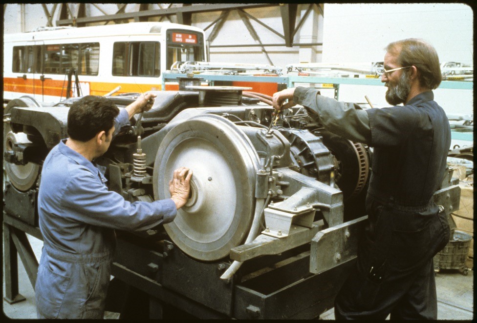 Green Division shop staff work on the truck from a Boeing LRV in this early 1980s photo.