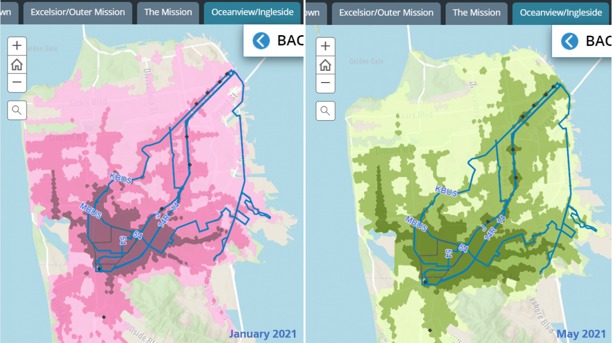 Side by side screen shots from the SFMTA Equity Toolkit showing increase in job access from January service changes and May service changes side by side for the Excelsior/Ocean View neighborhood.