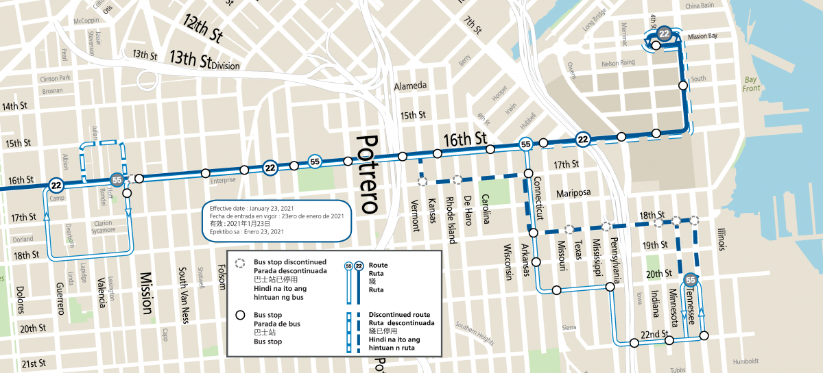 Map of the 22 and 55 changes in the Mission Bay and Dogpatch neighborhoods.