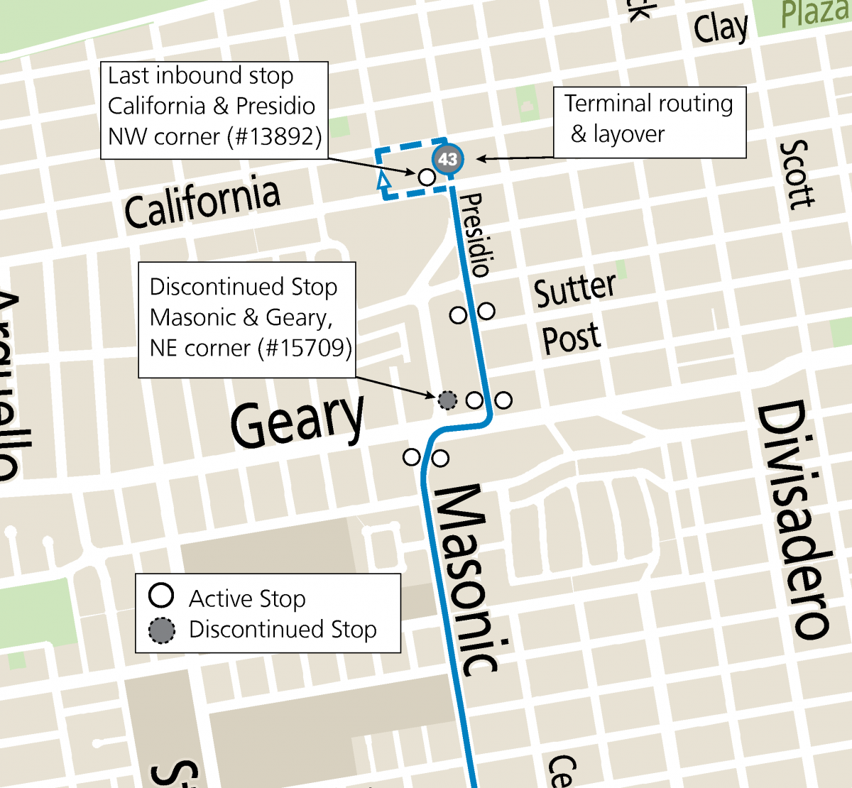 Modified map of the 43 Masonic showing the stops at Masonic & Geary and the northern terminal loop at California & Presidio