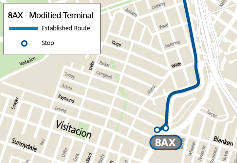 Map of showing 8AX temporary terminal at Bayshore & Arleta