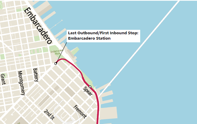 Map showing the T Third train terminal at Embarcadero Station