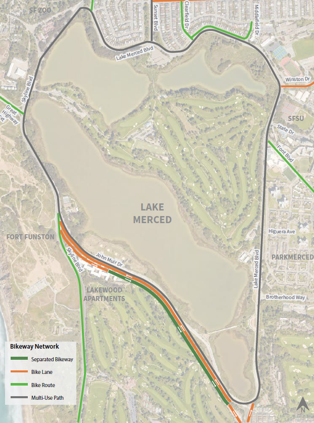 Existing bike facilities around Lake Merced  