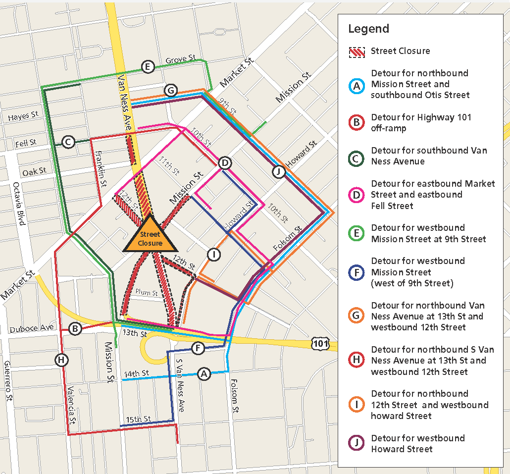 Map of reroutes for Van Ness and Mission intersection closure