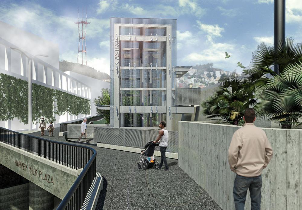 Rendering of the improved Castro Station entrance with a new elevator that goes all the way up to Market as seen looking West.