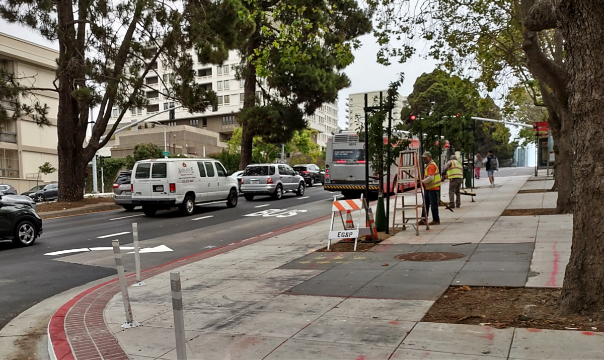 Photo:  38R Geary Rapid bus loading next to newly planted trees along Geary Boulevard at Laguna. 