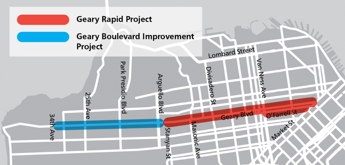 Map showing project limits for the Geary Rapid Project, between Market and Stanyan, and for the Geary Boulevard Improvement Project, between Stanyan and 34th Avenue