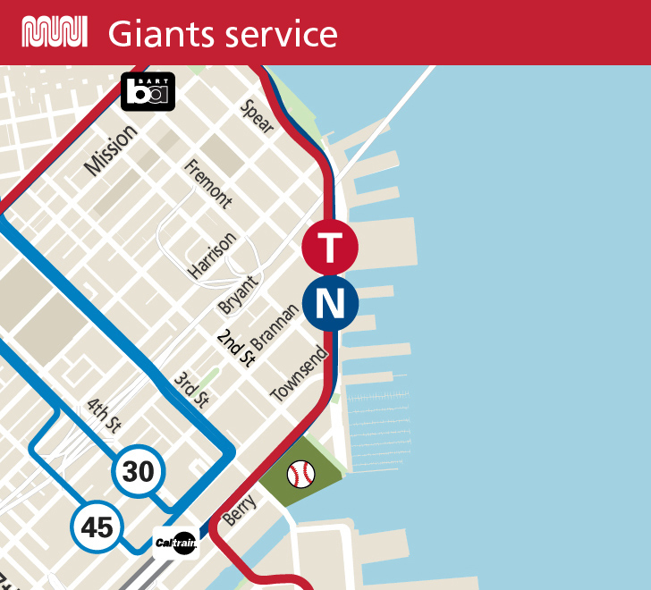 Map showing the T Third, N Judah, 30 Stockton and 45 Union/Stockton serving Oracle Park