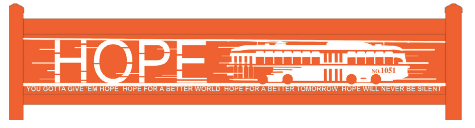 Image of an orange fence with the word "HOPE" and a PCC F-Market streetcar