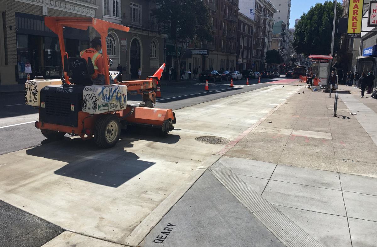 Photo of a new bus pad at Geary and Leavenworth