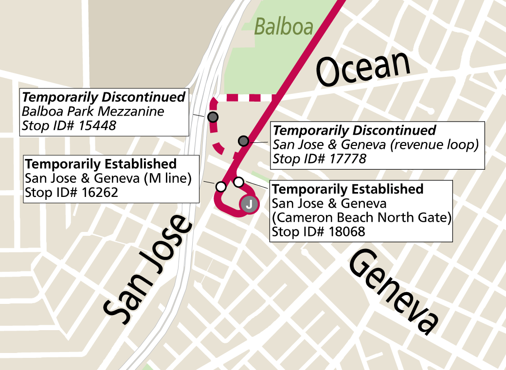 Map of J Church terminal at San Jose & Geneva, showing discontinued route and stops and new route and stops.