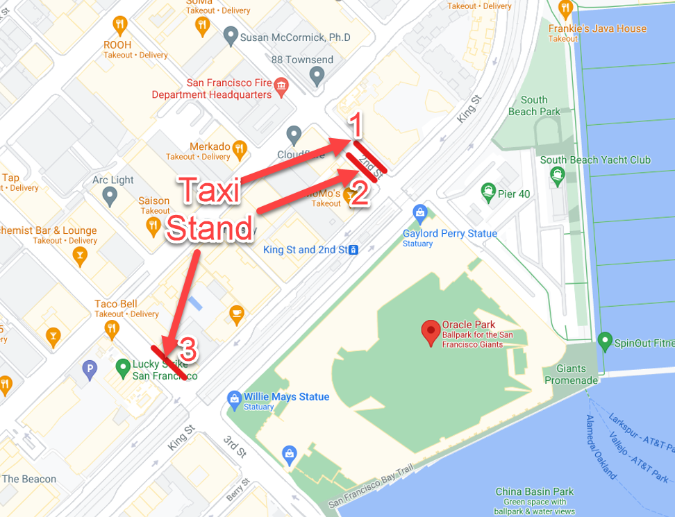 Map showing the 3 locations of taxi stands on 2nd and 3rd Street