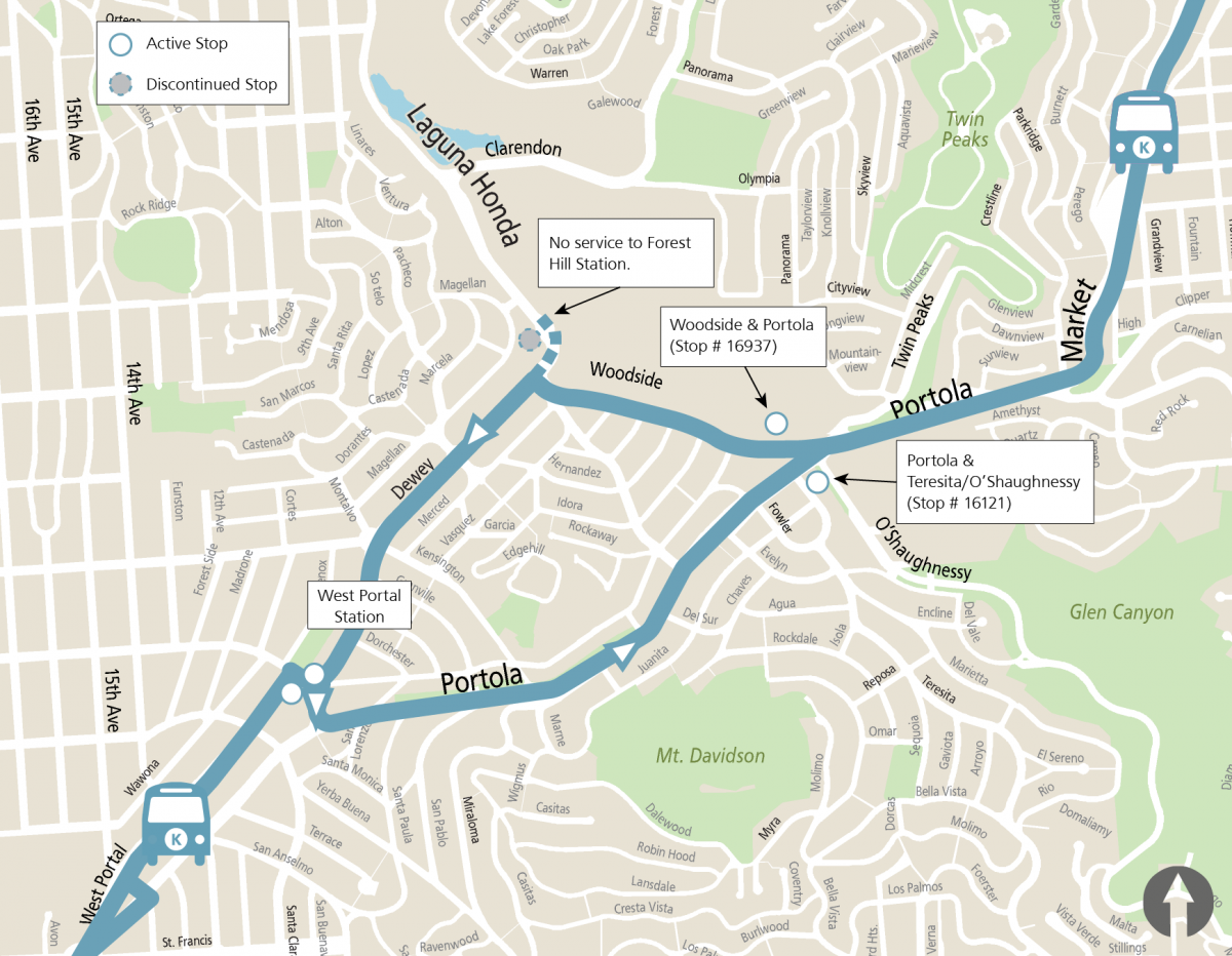 Map of K Bus route in the Twin Peaks area, showing active and discontinued stops.
