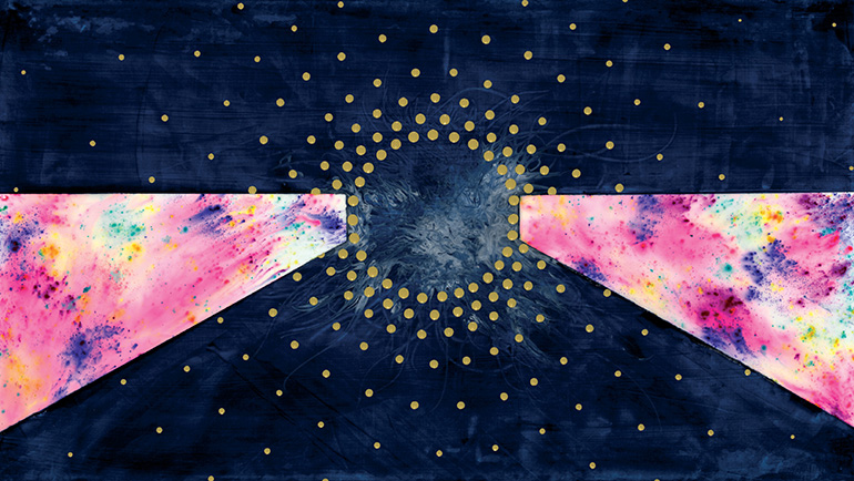 On a dark blue background, concentric circles of gold dots getting sparser and sparser as we move away from the cloudy center. To the left and right are wedges bearing splotches of various colors.