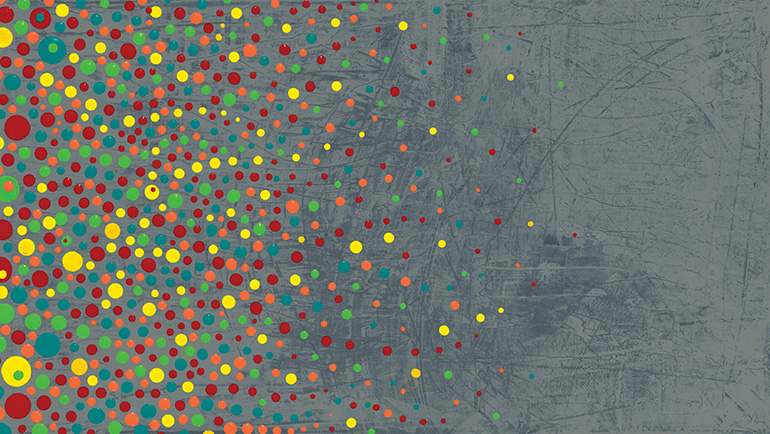 Abstract image of scattered red, orange, yellow and green dots, denser toward the left, over a gray medium gray background covered with dark gray lines