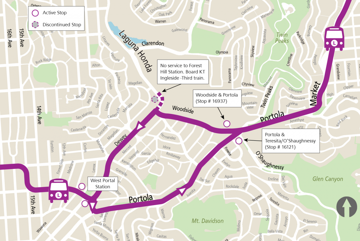Map of L Bus route in the Twin Peaks area showing active and discontinued stops