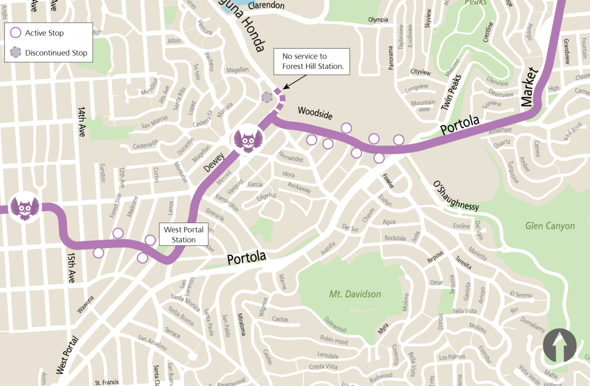 Map of L Owl route in the Twin Peaks area, showing active and discontinued stops