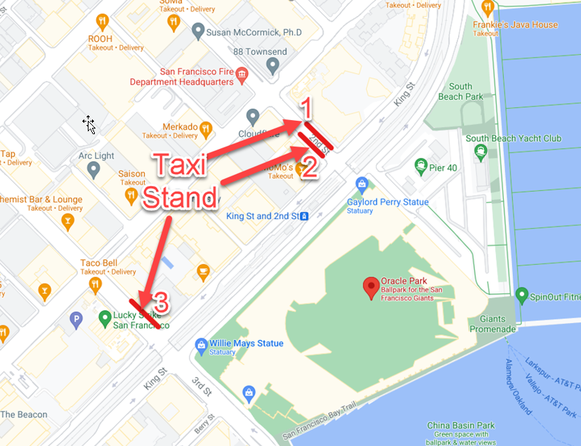3 of taxi stands on a map located near by Oracle Park for Giants baseball games