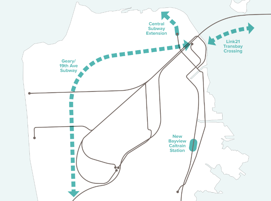 ConnectSF Map showing possible Geary/19th Ave subway and Central Subway Extension