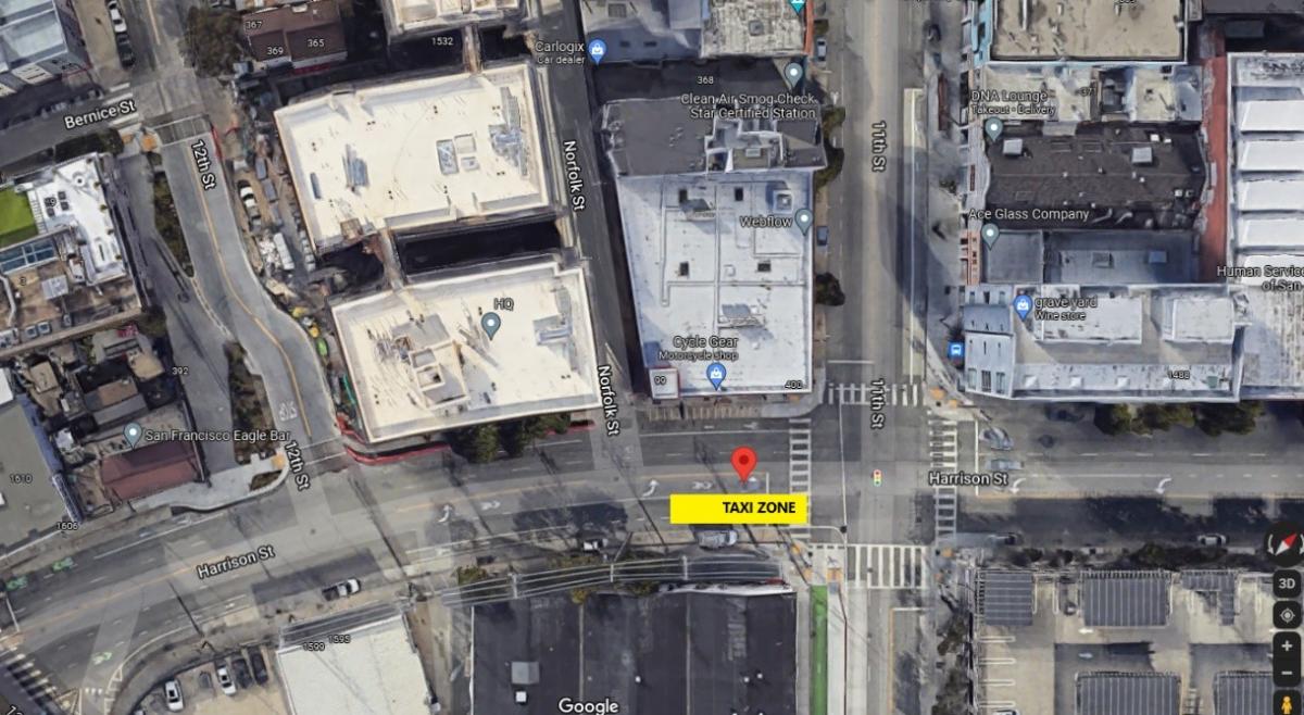 Map for the temporary taxi stands located on Harrison Street, west side, between of 11th Street and Norfolk Street.  