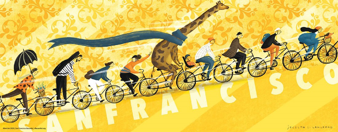 Image of Muni Art showing people and animials on bicyles, by Muni Art 2020 winnerJocelyn Li Langrand