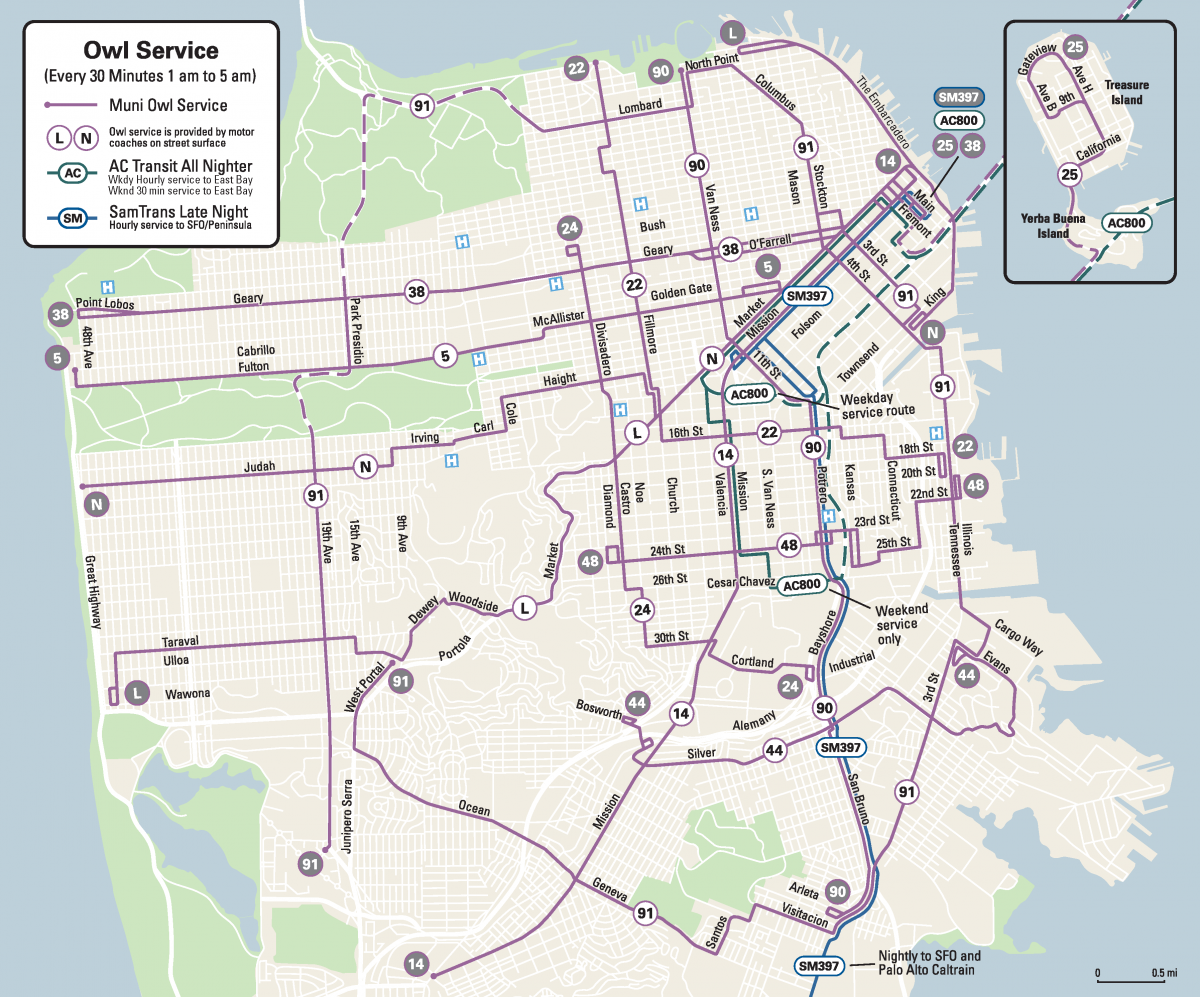 Muni Owl system map. These routes operate from 12 midnight to 5am.
