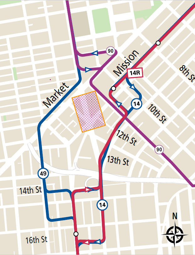 Muni lines 14, 14R, 49, 90 will rerouted around the intersection of South Van Ness Avenue and Mission Street.