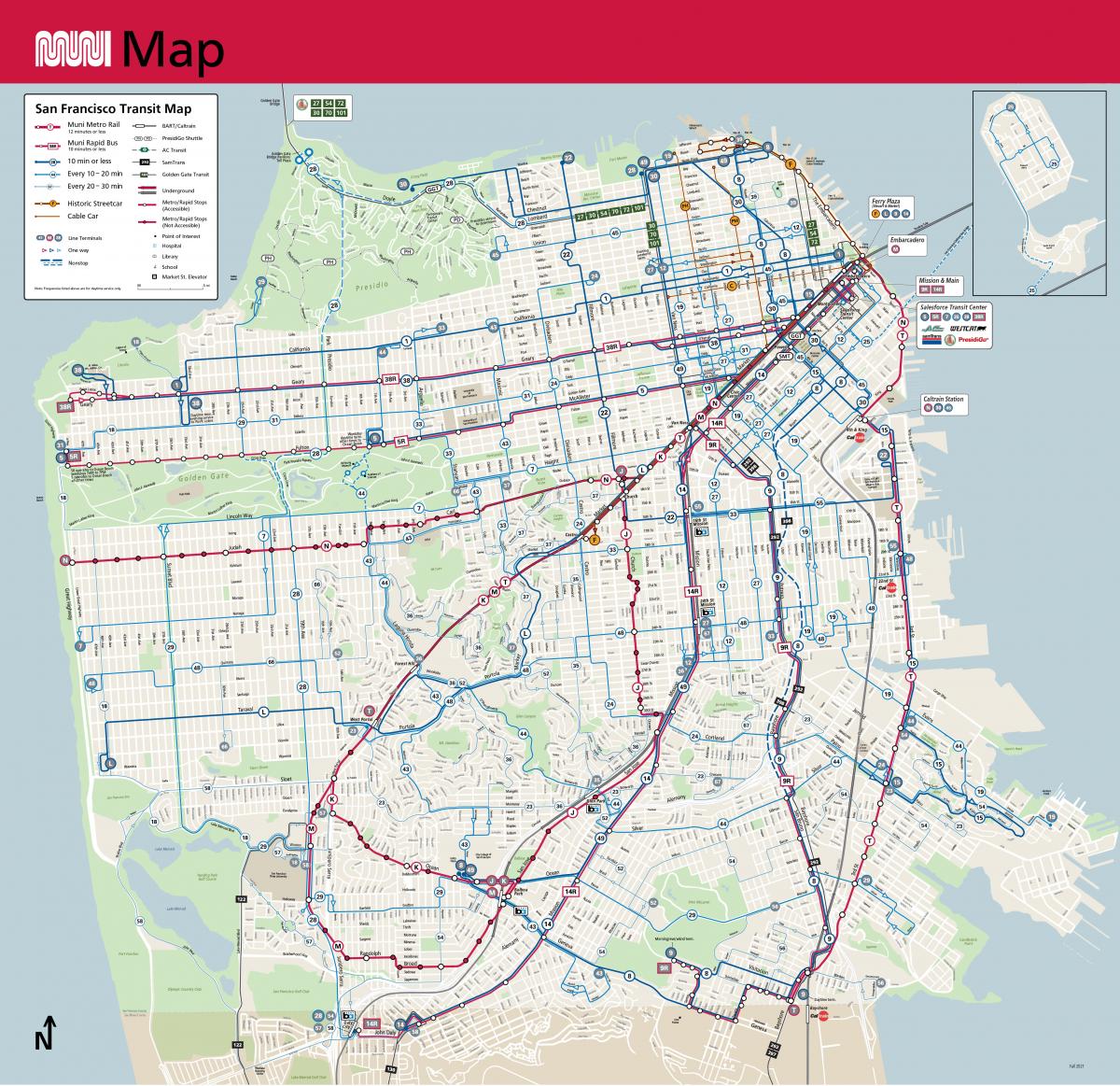 Map showing all of the different transit options in San Francisco, including Muni, BART/Caltrain, AC Transit, PresidiGo and Golden Gate Transit. Map also show's all of Muni's routes and their frequencies.