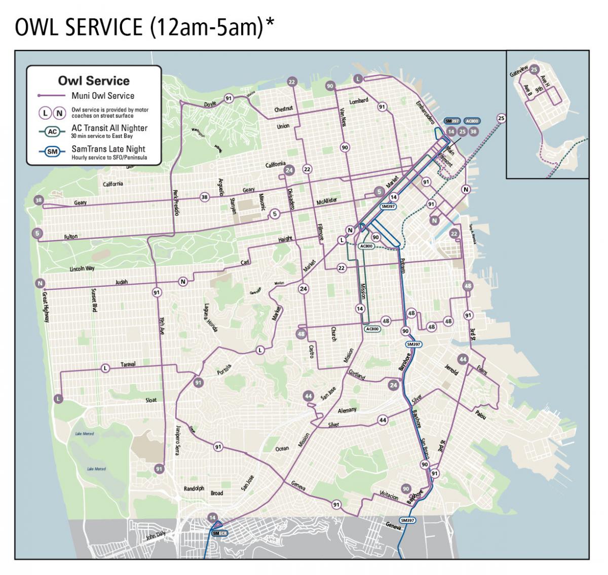 Map showing the routes that have Owl Service for Muni, AC Transit and SamTrans.