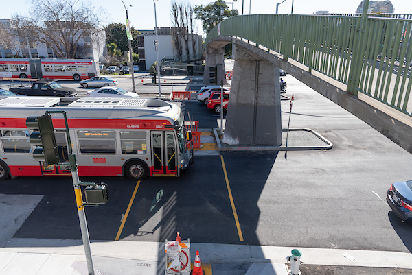  Viewpoint from the north end of the pedestrian bridge on Geary at Webster of the future surface level crosswalk which will supplement the bridge. 