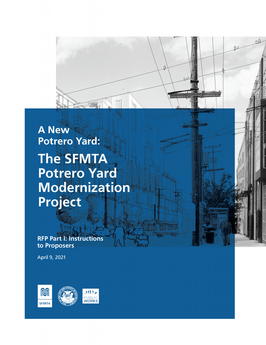Front cover of the Potrero Yard Project RFP, titled "A New Potrero Yard: The SFMTA Potrero Yard Modernization Project." Link goes to Public Works Bid Document site.
