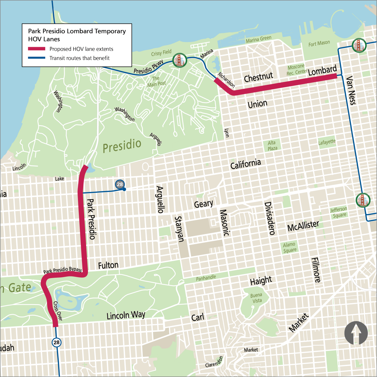 map of proposed corridors for the park presidio lombard temporary high occupancy vehicle lanes 